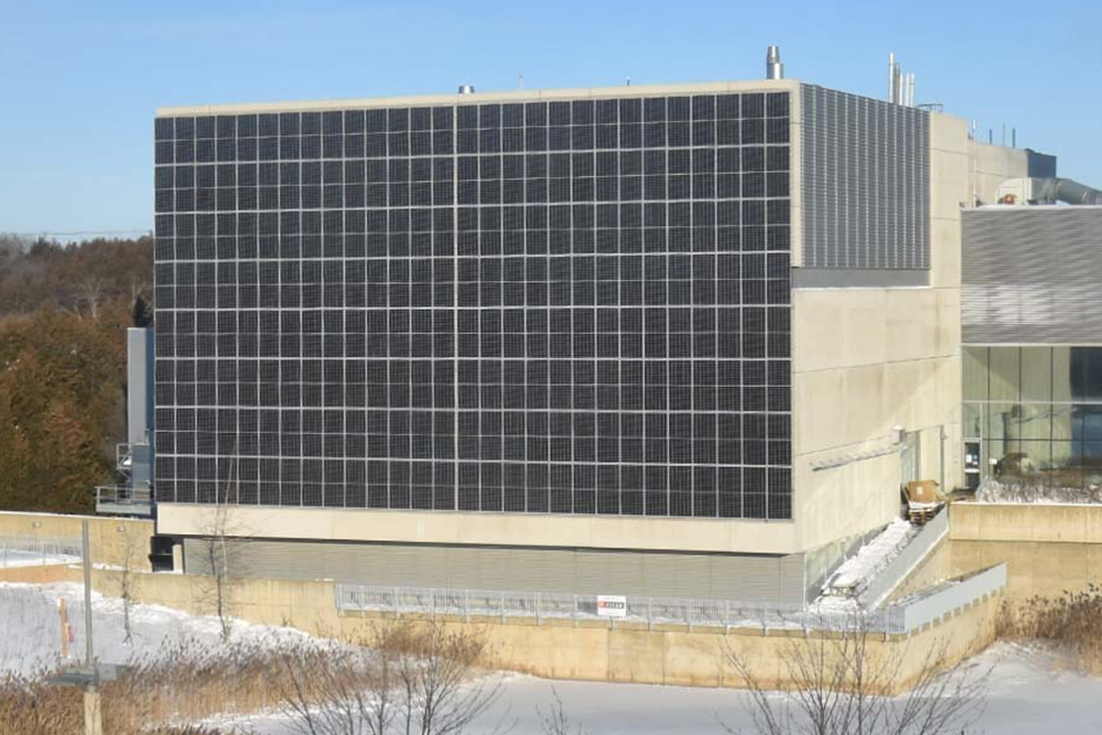 Solar façade installation on the south exterior wall of ACE (Automotive Centre of Excellence) at Ontario Tech University.