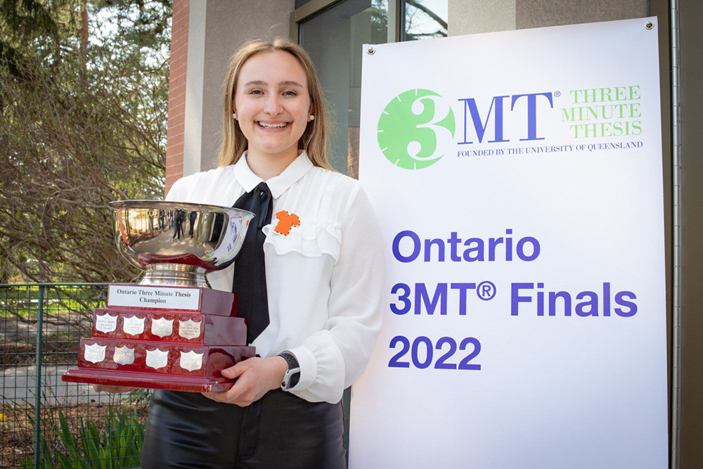 2022 Ontario Three Minute Thesis champion: Emmeline Meens Miller, Ontario Tech University Master of Health Sciences (Kinesiology) candidate. (photo credit: Karen Whylie, University of Guelph)