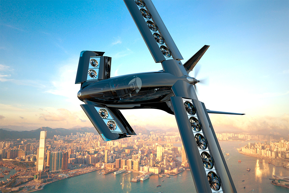 Horizon Aircraft's prototype X5 Cavorite electric vertical take-off and landing (eVTOL) aircraft, powered by an advanced electric motor coupled with a high-efficiency gas engine, and designed around system redundancy and safety.