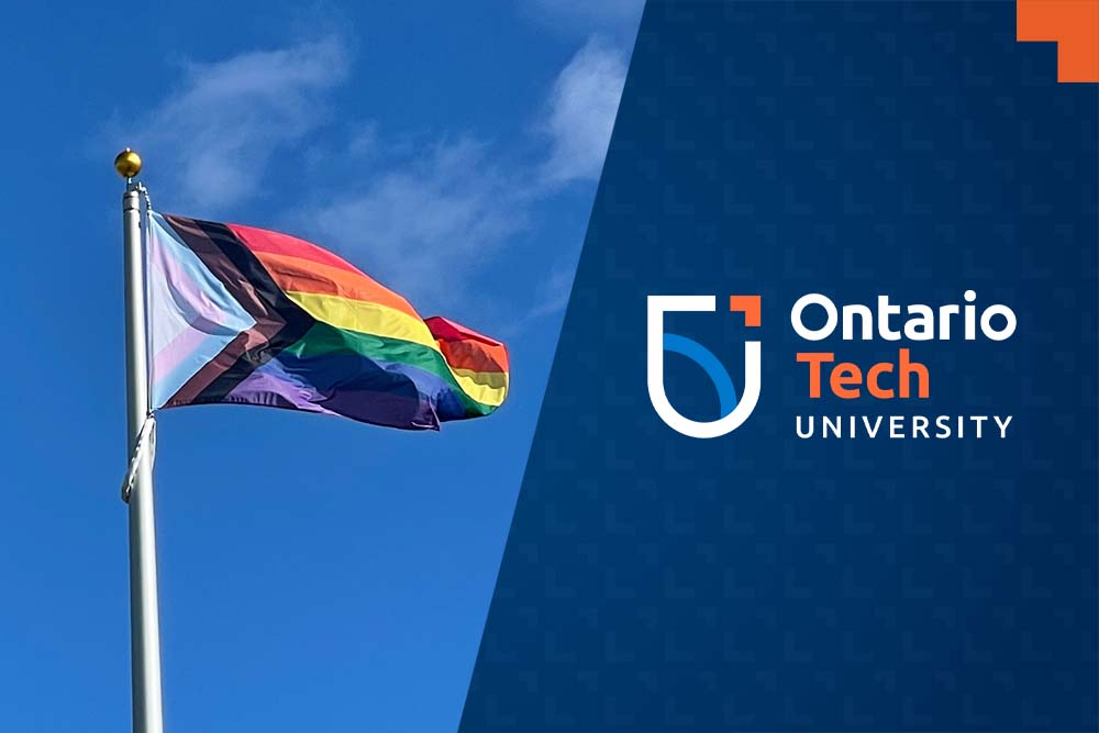 Progress Pride flag on a flag pole and a graphic that says Ontario Tech University