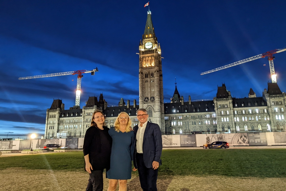 Science Meets Parliament, Ottawa, May 9 and 10, 2022. From left: Dr. Denina Simmons, Dr. Janette Hughes and Dr. Pierre Côté, Ontario Tech University.