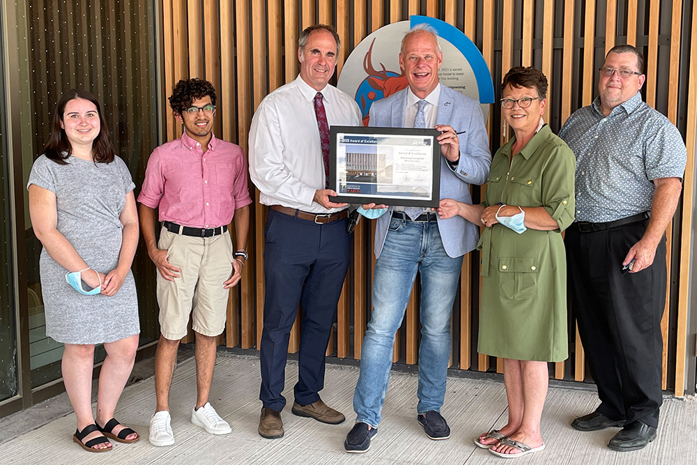 From left: Dakoda Cluett, Vice-President (Downtown Oshawa campus location), Ontario Tech Student Union; Joshua Sankarlal, President, Ontario Tech Student Union; Brad MacIsaac, Vice-President, Administration, Ontario Tech University; Dan Carter, Mayor of Oshawa; Jill Thompson, Indigenous Cultural Advisor, Indigenous Education and Cultural Services, Ontario Tech University; Ken Bright, Director, Office of Campus Infrastructure and Sustainability, Ontario Tech University.