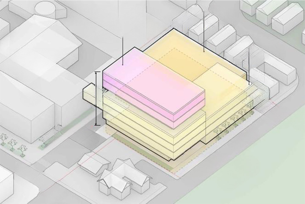 Schematic diagram of potential iteration of future multi-storey building (coloured) at Ontario Tech University's downtown Oshawa campus location (looking northeast), adjacent to the 61 Charles Street Building (left). Charles Street appears in the lower-left corner; Bruce Street appears in the lower-right corner.