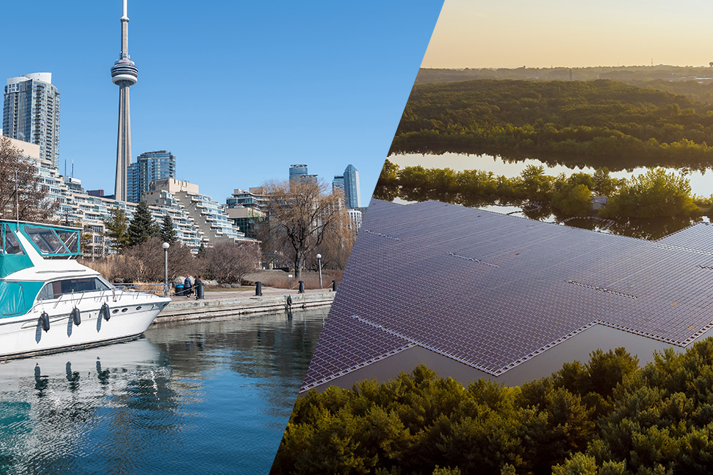 Left: City of Toronto waterfront. Right: floating solar panels on a water body in a remote location.