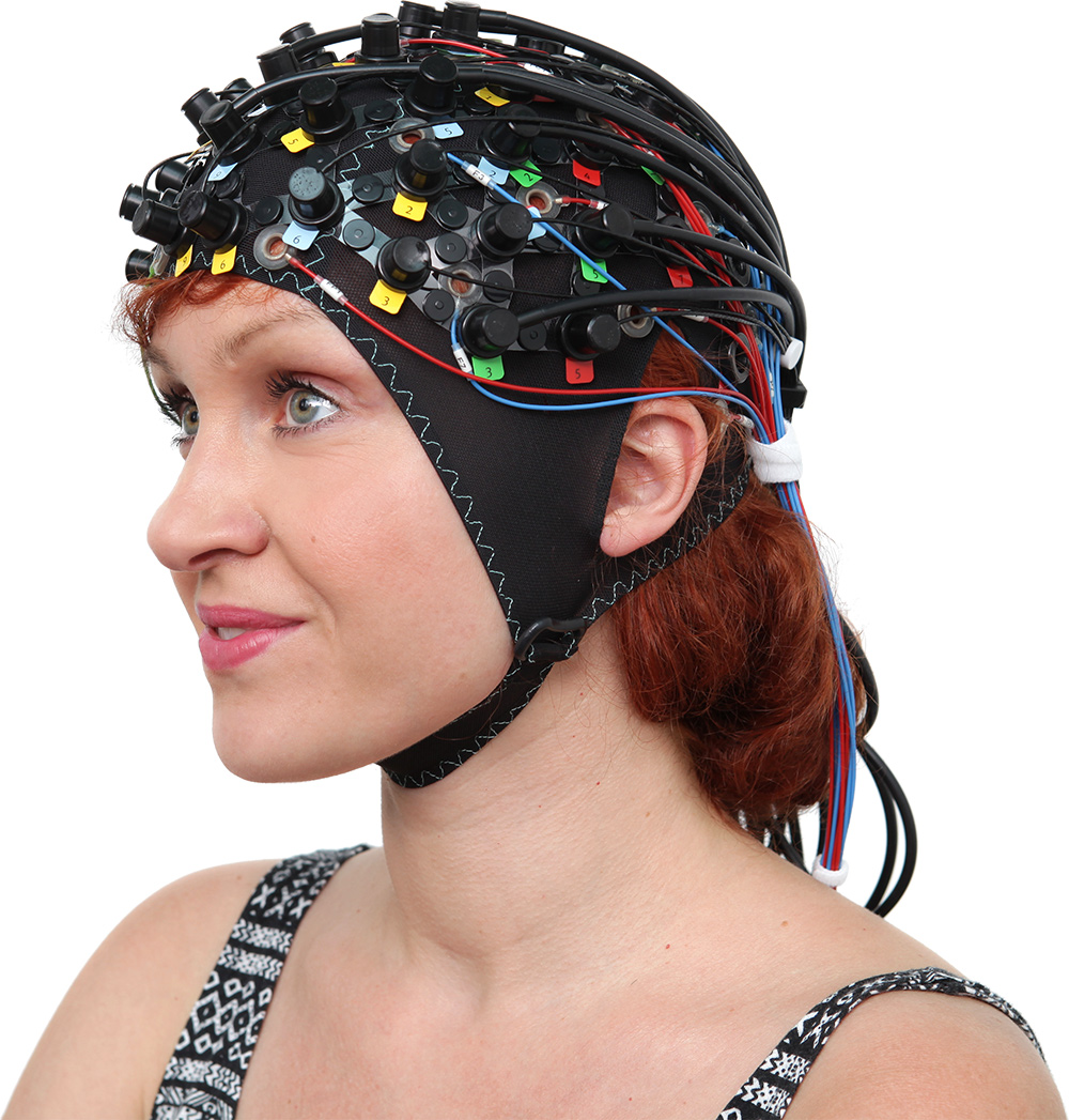 Example of a near-infrared spectroscopy cap being worn by a patient to measure brain function.