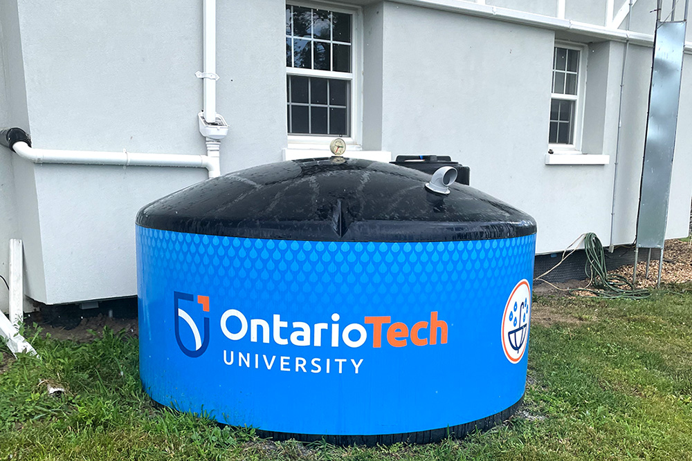Rain barrel at Ontario Tech University's Windfields Farm location.