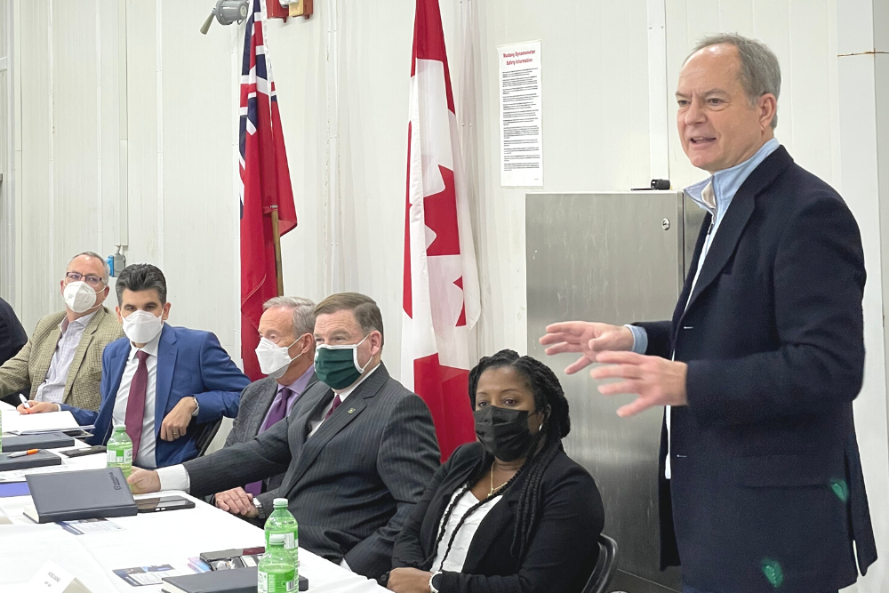 The Hon. Peter Bethlenfalvy. Minister of Finance and Pickering-Uxbridge MPP (right) speaking at the automotive sector roundtable at Ontario Tech University's ACE (November 25, 2022). Also shown (from right): Patrice Barnes, Ajax MPP; Todd McCarthy, Durham MPP; Lorne Coe, Whitby MPP; Andrew Dowie, Parliamentary Assistant to the Minister of Economic Development, Job Creation and Trade, and Windsor-Tecumseh MPP; and Dr. Steven Murphy, President and Vice-Chancellor, Ontario Tech University.   