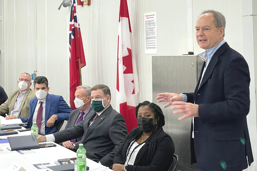 The Hon. Peter Bethlenfalvy. Minister of Finance and Pickering-Uxbridge MPP (right) speaking at the automotive sector roundtable at Ontario Tech University's ACE (November 25, 2022). Also shown (from right): Patrice Barnes, Ajax MPP; Todd McCarthy, Durham MPP; Lorne Coe, Whitby MPP; Andrew Dowie, Parliamentary Assistant to the Minister of Economic Development, Job Creation and Trade, and Windsor-Tecumseh MPP; and Dr. Steven Murphy, President and Vice-Chancellor, Ontario Tech University.