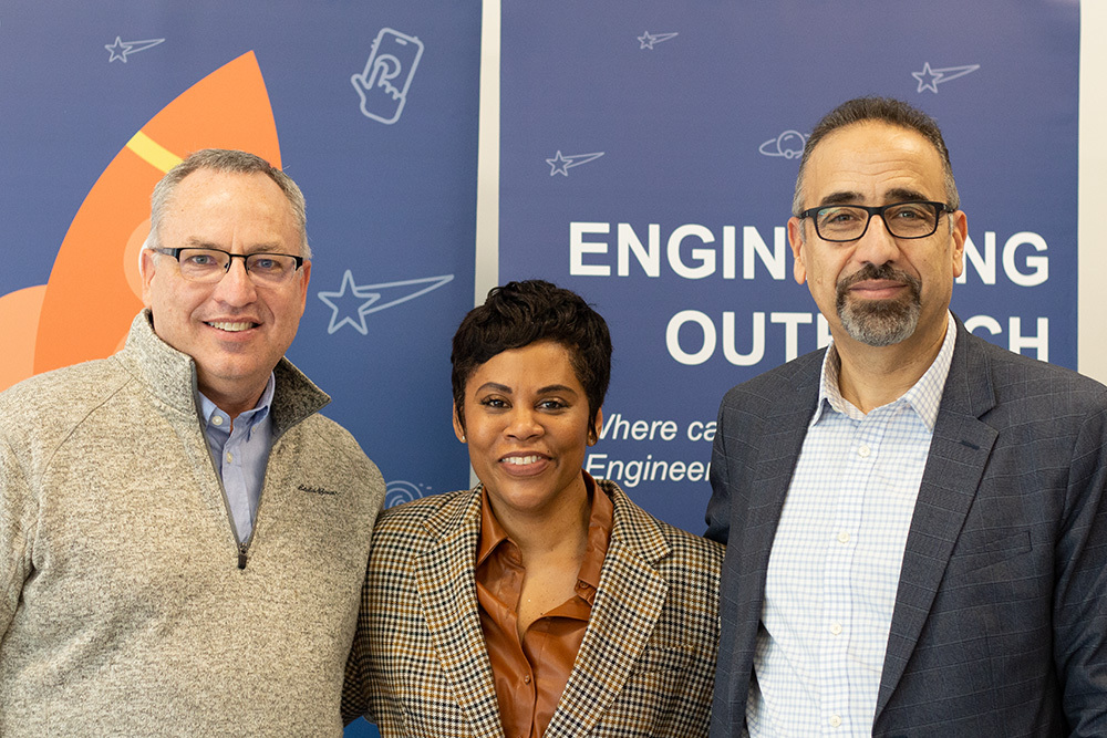 Dr. Steven Murphy, President and Vice-Chancellor of Ontario Tech University, Minister Marci Ien, and Dr. Hossam Kishawy, Dean, Faculty of Engineering and Applied Science.