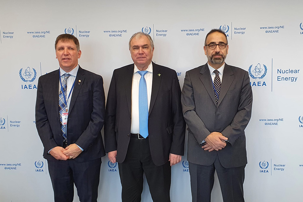 From left: Dr. Les Jacobs, Vice-President, Research and Innovation, Ontario Tech University and Director of the IAEA Collaborating Centre at Ontario Tech; Dr. Mikhail Chudakov, Deputy Director General and Head of the Department of Nuclear Energy, IAEA; and Dr. Hossam Kishawy, Dean, Faculty of Engineering and Applied Science, Ontario Tech University, and Liaison Officer to the IAEA Collaborating Centre. (Vienna, Austria, February 1, 2023)