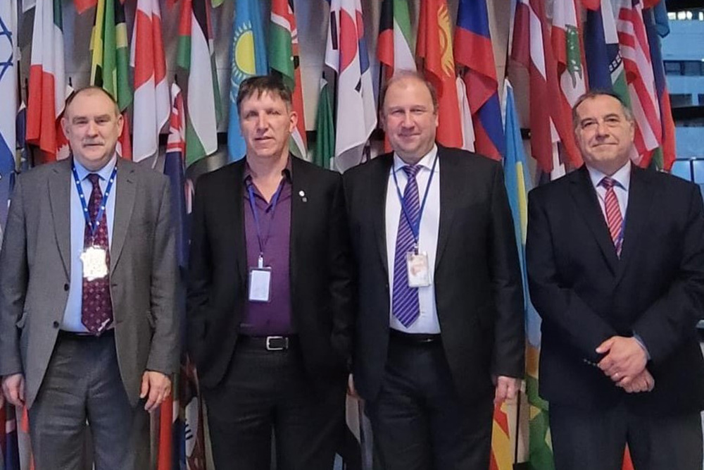 From left: Dr. Alexander Bychkov, International Atomic Energy Agency (IAEA); Dr. Les Jacobs, Vice-President, Research and Innovation, Ontario Tech University; Dr. Mikhail Khoroshev, IAEA; and Dr. A. Nesimi Kilic, IAEA.
