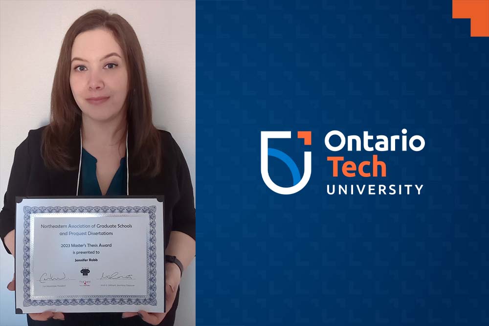 Jennifer Robb, Ontario Tech University 2022 Master of Arts in Education graduate won the 2023 Northeastern Association of Graduate Schools and ProQuest Dissertations Master’s Thesis Award. The award was presented to her in a ceremony in Portsmouth, New Hampshire.