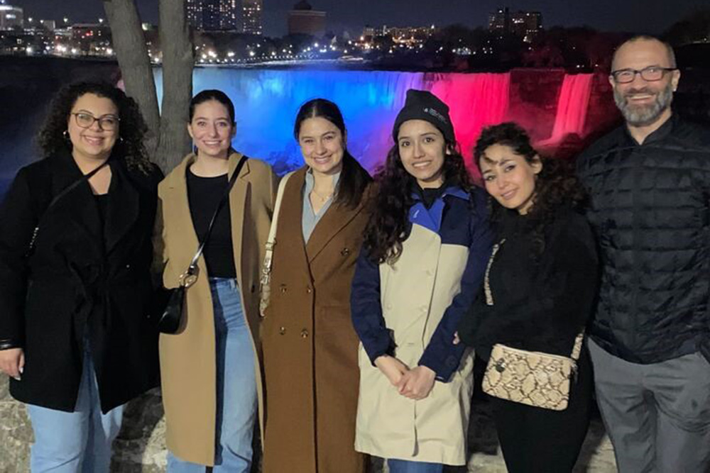 Members of the Ontario Tech team in Niagara Falls, Ontario. From left: Rebecca Mossad, Master of Health Science (MHSc) student; Julia Micallef, MHSc student; Krystina Clarke, PhD in Health Science candidate; Amanpreet Jolly, Bachelor of Science (Life Sciences) student; Zohreh Hosseini, MHSc student; Dr. Adam Dubrowski, Professor, Faculty of Health Sciences, and Canada Research Chair in Health Care Simulation.