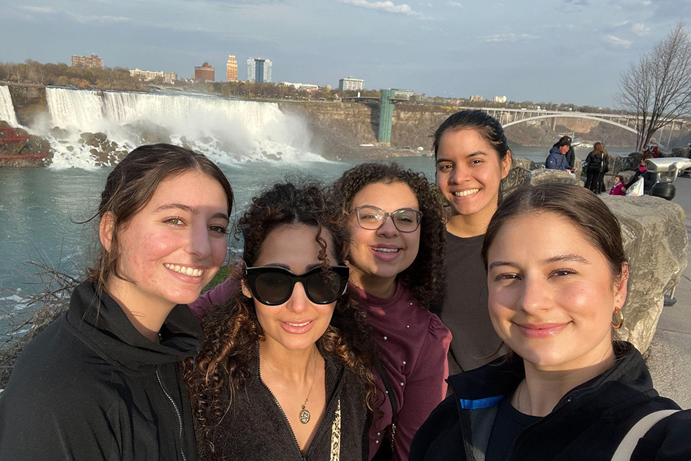 Members of the Ontario Tech team in Niagara Falls, Ontario. From left: Julia Michallef (Master of Health Science (MHSc) student; Zohreh Hosseini, MHSc student; Rebecca Mossad, MHSc student; Luz Yanguez Franco, Bachelor of Health Science student; Krystina Clarke, PhD in Health Science candidate.