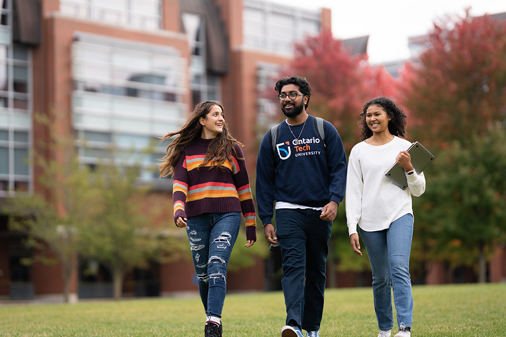 Ontario Tech University students on Polonsky Commons (at the university's north Oshawa campus location) in the fall.