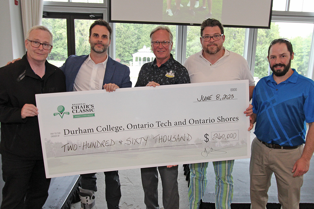 From left: John Henry, Durham Regional Chair; James Barnett, Vice-President, Advancement, Ontario Tech University; Don Lovisa, President, Durham College; Colin O’Regan, Board Member, Ontario Shores Foundation; and Warren Anderson (Roger Anderson’s son). (June 8, 2023).