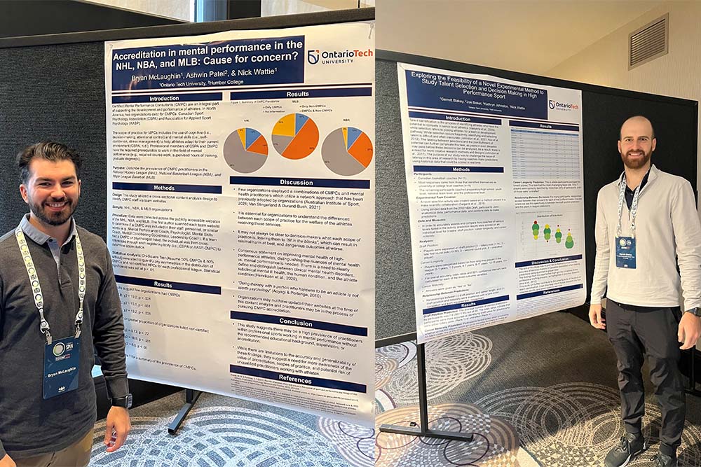 Left: Bryan McLaughlin, Faculty of Health Sciences (FHSc) PhD candidate, and Garrett Blakey, FHSc PhD candidate, presented their research at the SPIN Summit in Vancouver, B.C.  