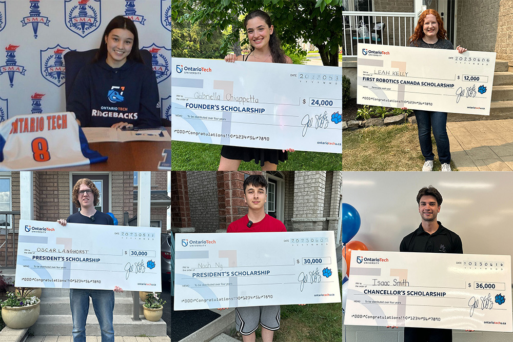 Ontario Tech University major entrance scholarship recipients for the 2023-2024 academic year (clockwise from upper left): Adra Barnet, Gabriella Chiappetta, Leah Kelly, Isaac Smith, Noah Ng and Oscar Langhorst (note: photo not available for international student Tamutenda Makoni).
