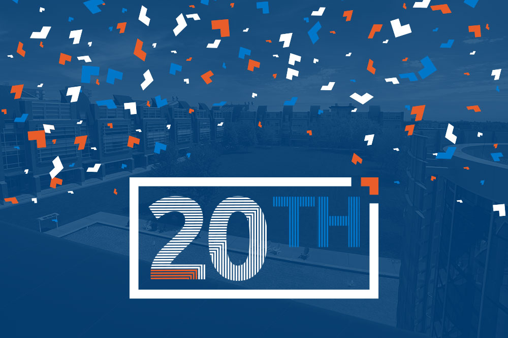 Ontario Tech University 20th-anniversary confetti graphic