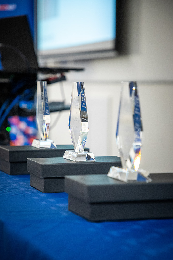 2023 Ontario Tech Research Excellence Award trophies.