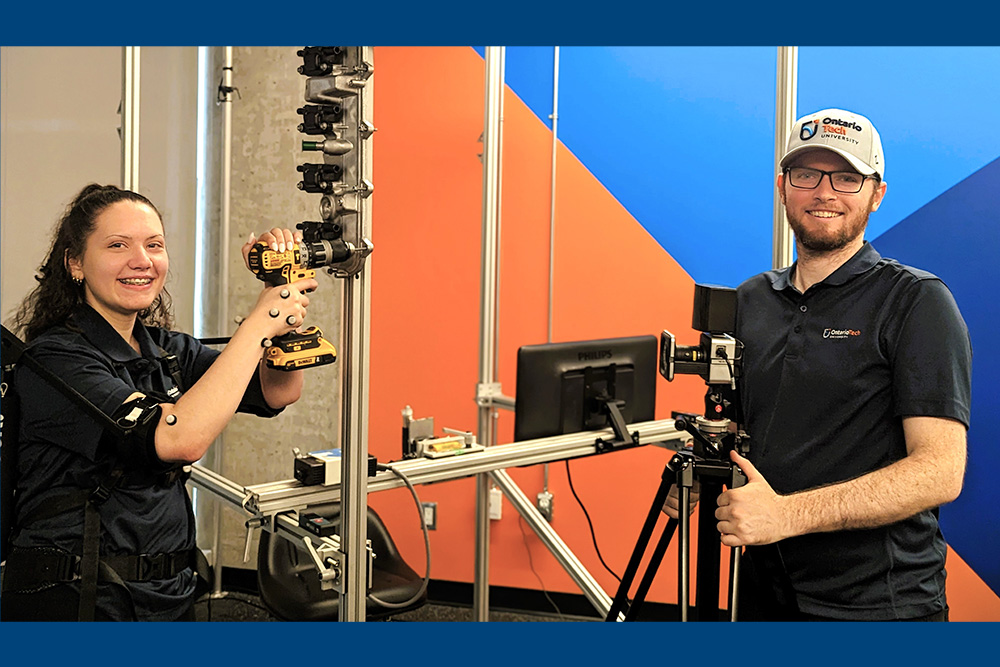 Fourth-year Faculty of Health Sciences (Kinesiology) student Gillian Slade (left) with PhD candidate Michael Watterworth (Biomechanics and Ergonomics) in the Occupational Neuromechanics and Ergonomics Laboratory at Ontario Tech University.