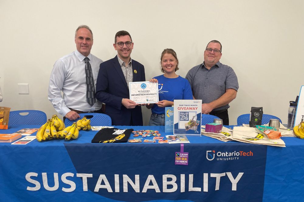 From left: Brad Maclsaac, Vice-President, Administration; Loïc de Fabritus Gautier, Senior Manager of Advocacy and Citizen Engagement at Fairtrade Canada; Isabel Savransky, Asset and Sustainability Planner, Office of Campus Infrastructure and Sustainability; Ken Bright, director, Office of Campus Infrastructure and Sustainability