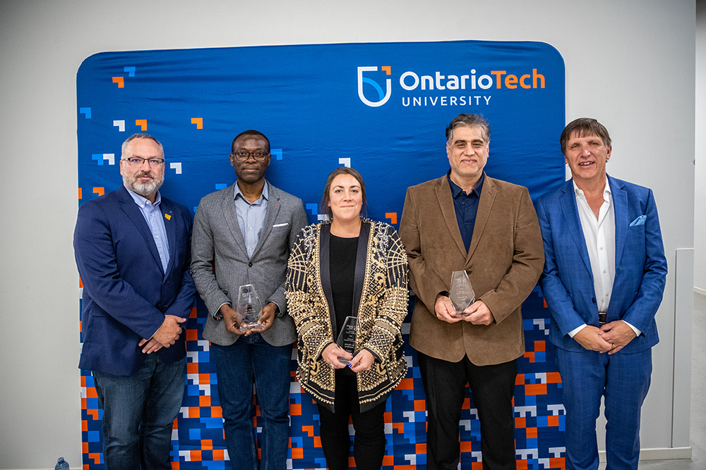 image of Dr. Steven Murphy, President and Vice-Chancellor; Dr. Martin Agelin-Chaab, Faculty of Engineering and Applied Science; Dr. Theresa Stotesbury, Faculty of Science; Dr. Ahmad Barari, Faculty of Engineering and Applied Science; Dr. Les Jacobs, Vice-President, Research and Innovation.