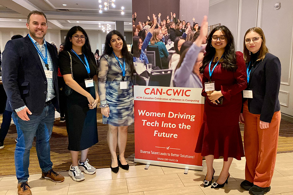 Canadian Celebration of Women in Computing Conference (October 2023). Fourth-year Ontario Tech University Computer Science student Japnit Ahuja is pictured third from left. Far left: Dr. Jeremy Bradbury, Associate Professor, Faculty of Science, Ontario Tech University.