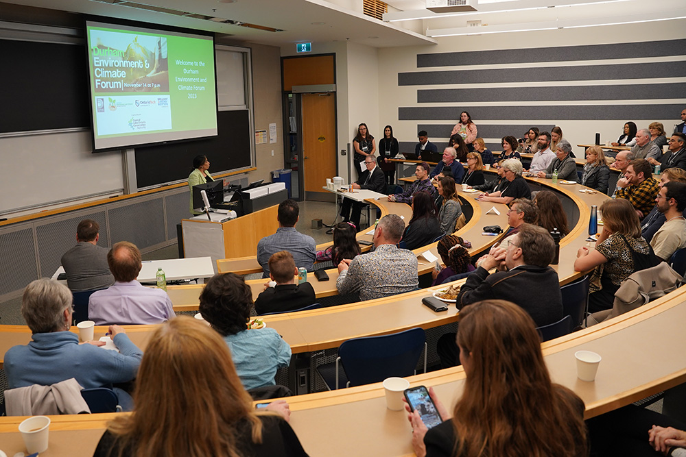 Town of Whitby Deputy Mayor Maleeha Shahid shares a message on behalf of Durham Regional Chair John Henry at the Durham Environment and Climate Forum at Ontario Tech University (November 14, 2023).