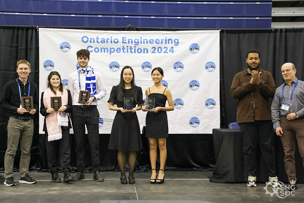 Ontario Tech Software Engineering students Emily Lai and Natasha Naorem (fourth and fifth from left) were among the award recipients at the 2024 Ontario Engineering Competition (held at Queen's University in Kingston from January 26 to 28).