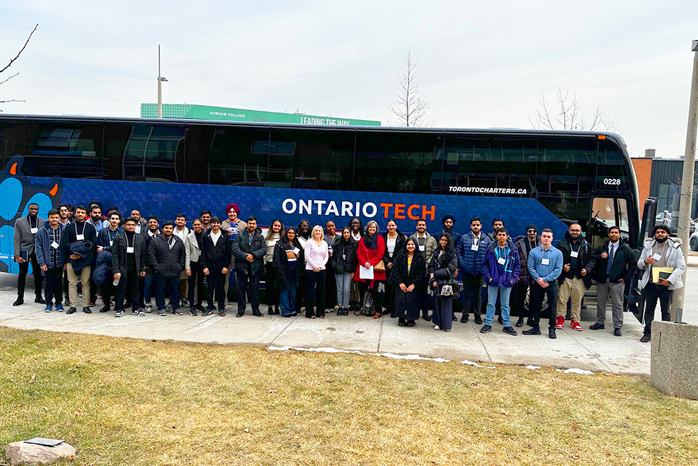 Ontario Tech students prepare for a visit to an area employer on the Career Bus (Winter 2024).