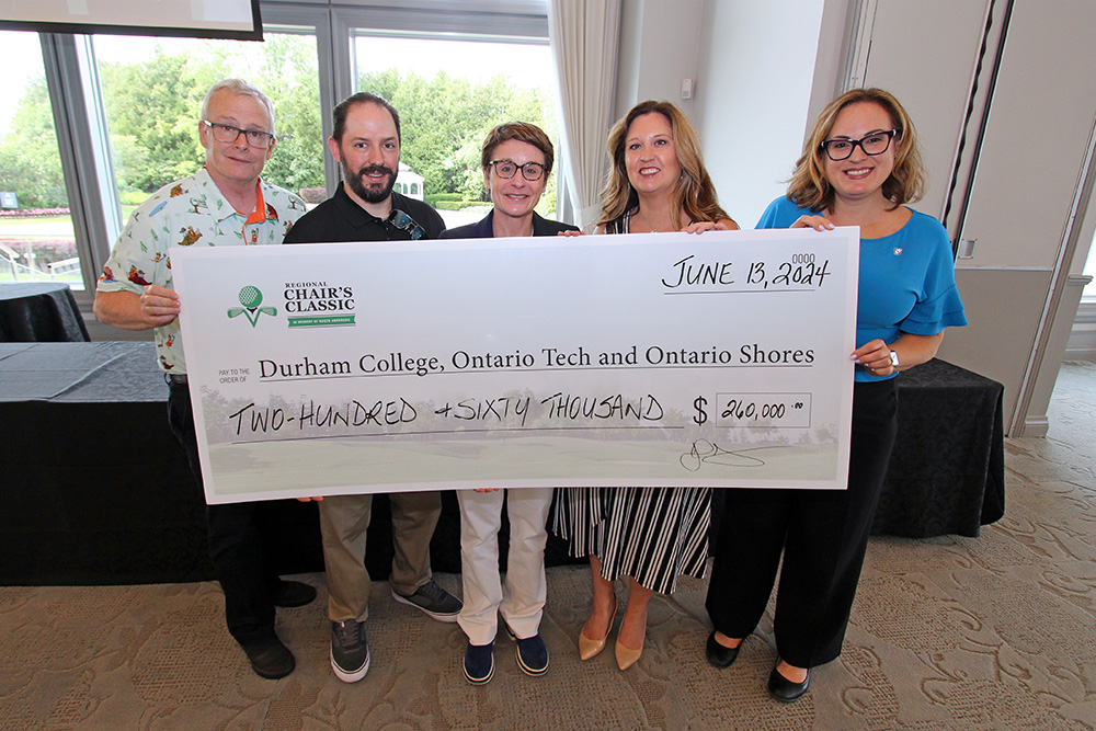 From left: John Henry, Durham Regional Chair; Warren Anderson (Roger Anderson’s son); Dr. Elaine Popp, President, Durham College; Tracy Clegg, CEO, Ontario Shores Foundation; Sarah Rasile, Director, Alumni and Donor Engagement, Ontario Tech University (June 13, 2024).