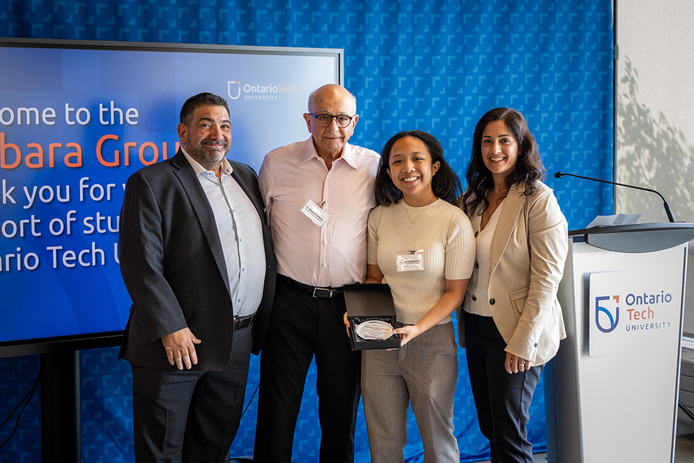 From left: Greg Tanzola, Sorbara Group of Companies, Dr. Edward Sorbara, Principal at Sorbara Group of Companies, Eunice Caputolan, second-year Mechanical Engineering – Energy Engineering specialization student, and Dr. Christina Sorbara, Vice-President, Corporate Knowledge, Sorbara Group of Companies.