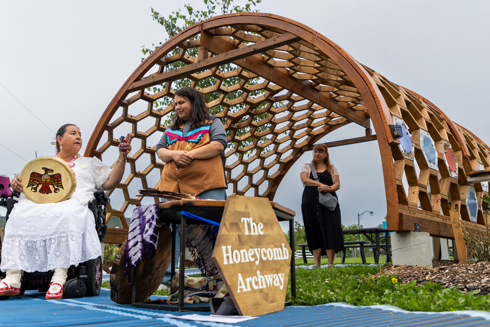 The Honeycomb Archway architectural placemaking structure was unvieled at a thank you ceremony held at Windfields Farm Lands on August 6.