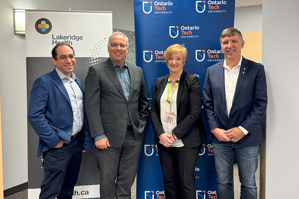 From left: Dr. Ilan Lenga, Chief Information Officer, Lakeridge Health; Dr. Steven Murphy, President and Vice-Chancellor, Ontario Tech University; Cynthia Davis, President and Chief Executive Officer, Lakeridge Health; Dr. Les Jacobs, Vice-President, Research and Innovation, Ontario Tech University (at Lakeridge Health Oshawa, October 10, 2024).