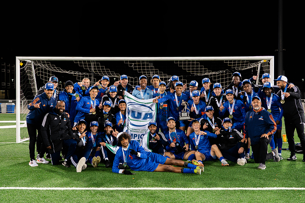 Ontario Tech Ridgebacks men's soccer team celebrates its first-ever Ontario University Athletics championship after defeating the York Lions 2-1 in the final. (November 2, 2024)