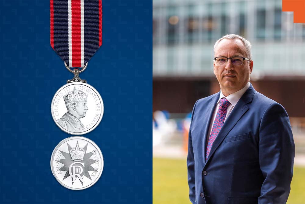 The King Charles Coronation Medal (left) was awarded January 11 to Ontario Tech University President and Vice-Chancellor Dr. Steven Murphy.