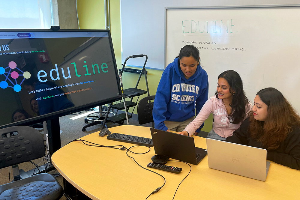 From left: Ontario Tech University students Anupriya Dubey, fourth-year Computer Science (Faculty of Science); Nishtha Desai, fourth-year Technology Management (Faculty of Business and Information Technology); and Mosarrat Rumman, Computer Science master’s degree candidate (Faculty of Science). 