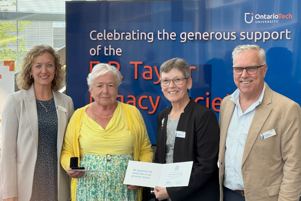 From left: Lee Hays, Executive Director, Advancement and Alumni Relations, Ontario Tech University; E.P. Taylor Legacy Society member Anne Logan McNamara; Dr. Lori Livingston, Ontario Tech Provost and Vice-President, Academic; and Clive Waugh, Director, Gift Planning and Development, Ontario Tech.