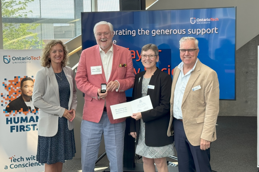 From left: Lee Hays, Executive Director, Advancement and Alumni Relations, Ontario Tech University; E.P. Taylor Legacy Society member John 'Mac' MacMillan; Dr. Lori Livingston, Ontario Tech Provost and Vice-President, Academic; and Clive Waugh, Director, Gift Planning and Development, Ontario Tech.