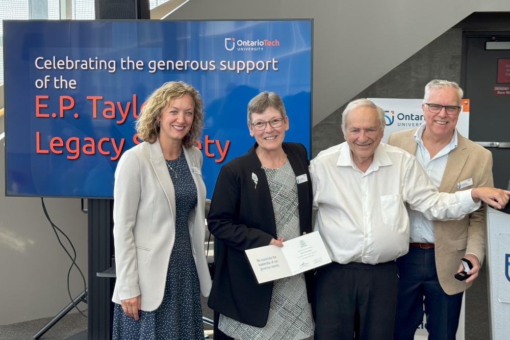 From left: Lee Hays, Executive Director, Advancement and Alumni Relations, Ontario Tech University; E.P. Taylor Legacy Society member and Ontario Tech Founding President Gary Polonsky; Dr. Lori Livingston, Ontario Tech Provost and Vice-President, Academic; and Clive Waugh, Director, Gift Planning and Development, Ontario Tech.