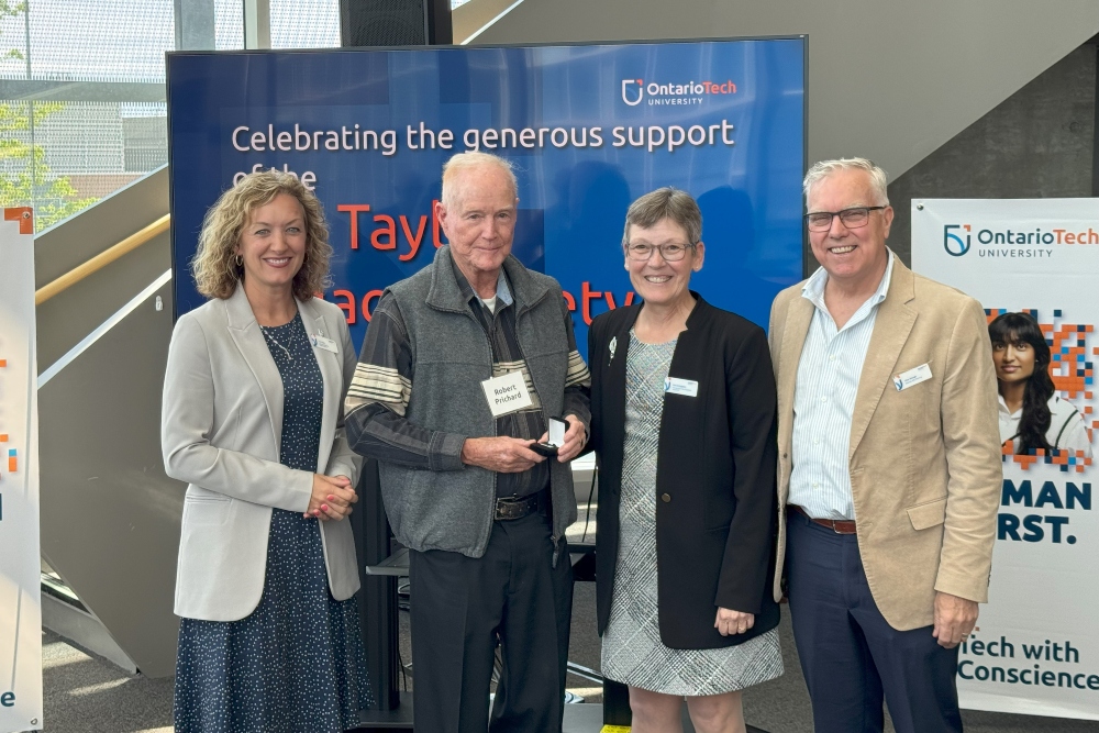 From left: Lee Hays, Executive Director, Advancement and Alumni Relations, Ontario Tech University; E.P. Taylor Legacy Society member Robert Prichard; Dr. Lori Livingston, Ontario Tech Provost and Vice-President, Academic; and Clive Waugh, Director, Gift Planning and Development, Ontario Tech.