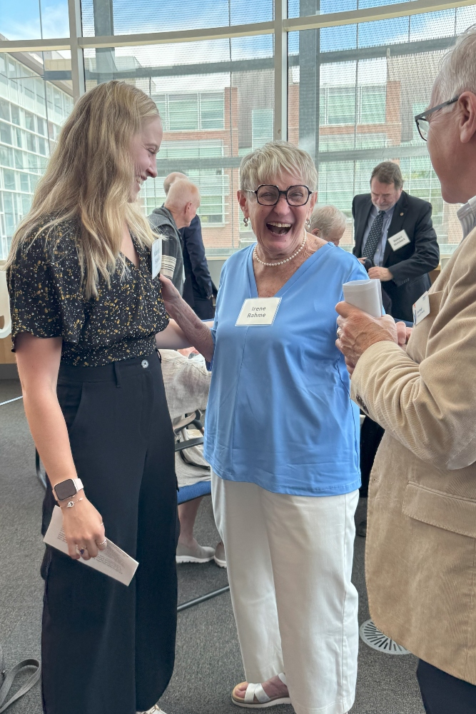 From left: Kierstyn Hawke, PhD student in Ontario Tech University's Faculty of Health Sciences, with E.P. Taylor Legacy Society member Irene Rahme.