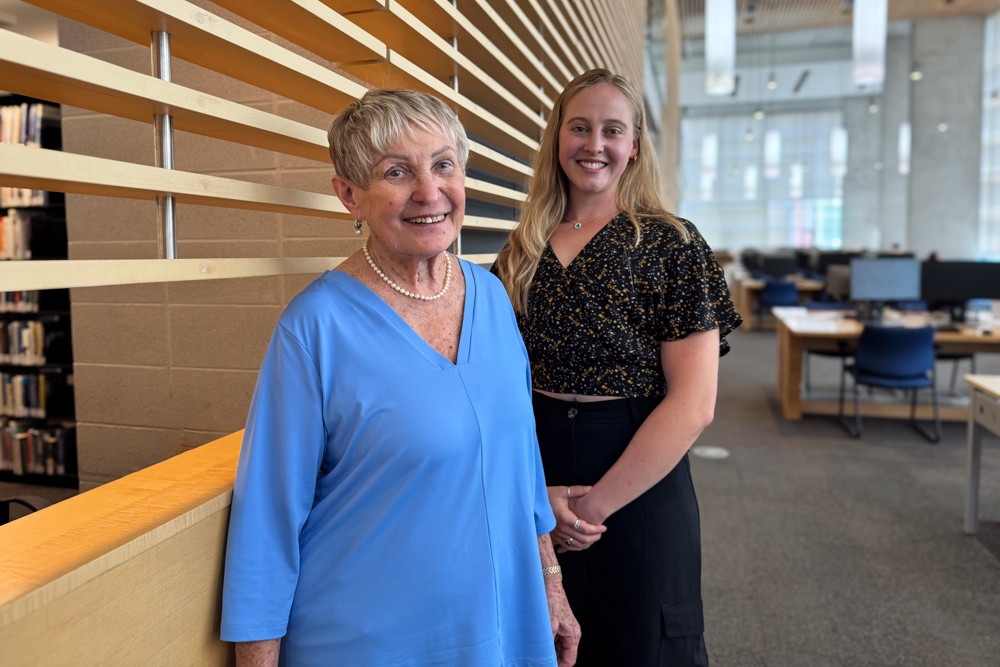 From left: E.P. Taylor Legacy Society member Irene Rahme with Kierstyn Hawke, PhD student in Ontario Tech University's Faculty of Health Sciences, and recipient of a scholarship supported by Irene.