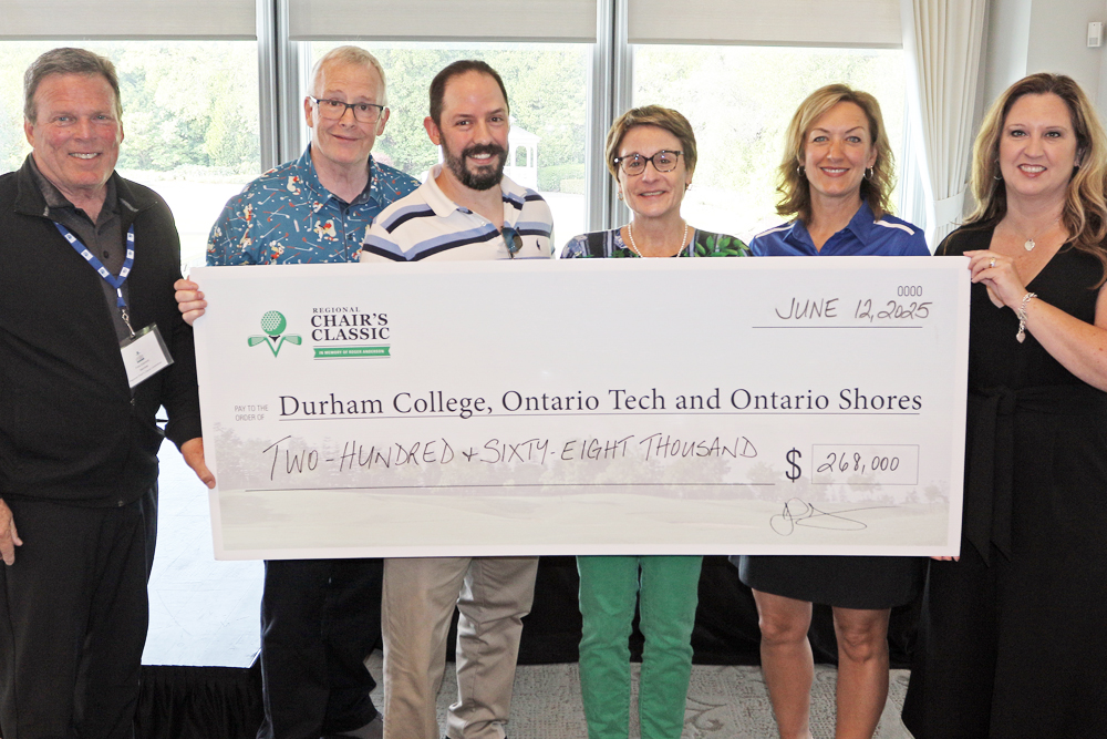 From left: Fred Eismont, Regional Chair’s Classic Committee Chair; John Henry, Durham Regional Chair; Warren Anderson (Roger Anderson’s son); Dr. Elaine Popp, DC President; Lee Hays, Executive Director, Advancement, Ontario Tech University; and Tracy Clegg, CEO, Ontario Shores Foundation.