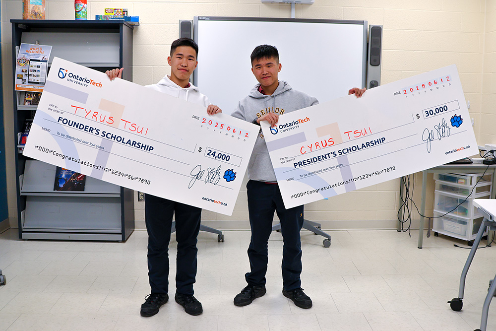 Twin brothers Tyrus and Cyrus Tsui are two of this year's seven recipients of major incoming scholarships at Ontario Tech University (see gallery of recipients at end of story*). * Image of Global Leadership Award recipient Marie Ange Nishimwe Ingabire unavailable at time of publication.