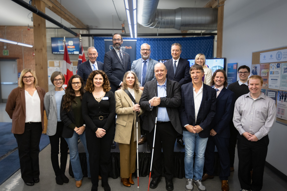 Ontario Tech University, together with its partners, celebrates the official opening of the Mindful Artificial Intelligence Research Institute and the leadership role it will take in advancing ethical, people-first AI. Also pictured: the Honourable Stephen Crawford, Minister of Public and Business Service Delivery and Procurement and Minister of Provincial Parliament (MPP) of Oakville; the Honourable Nolan Quinn, Minister of Colleges, Universities, Research Excellence and Security and MPP of Stormont-Dundas-South Glengarry; and Lorne Coe, Parliamentary Assistant to the Minister of Colleges, Universities, Research Excellence and Security, and MPP of Whitby.