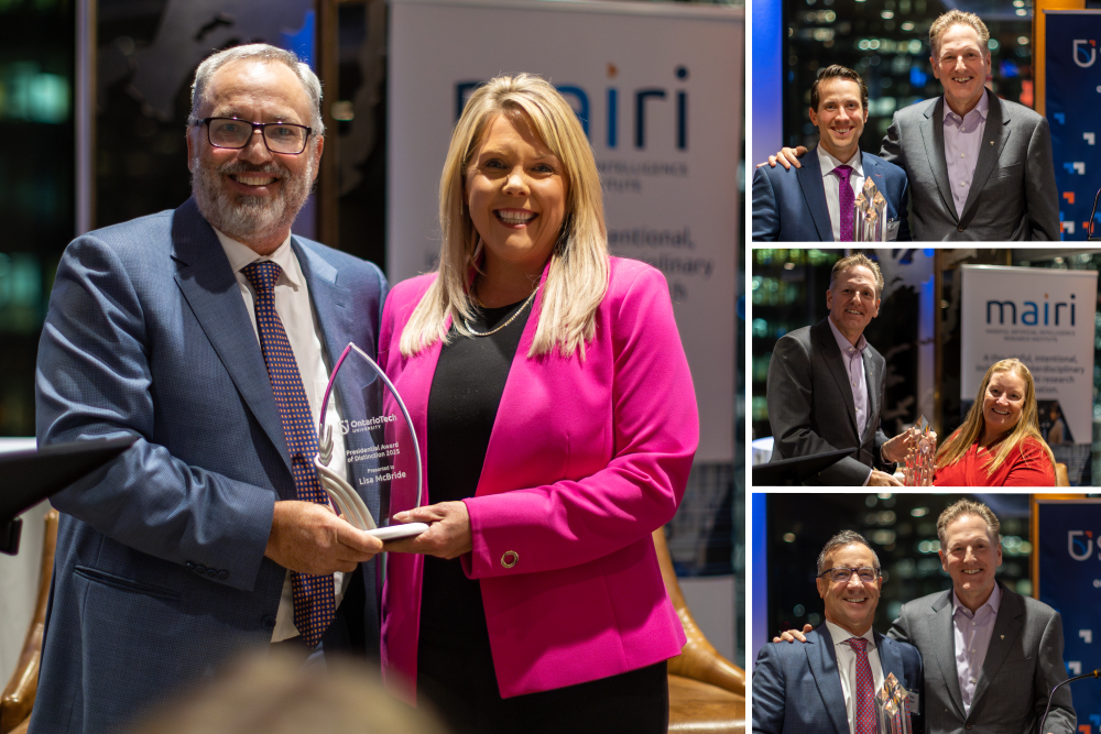 Left: Ontario Tech University President Dr. Steven Murphy congratulates Presidential Award of Distinction recipient Lisa McBride. At right, top to bottom, Ontario Tech Chancellor Mitch Frazer presents the Chancellor’s Circle Award to recipients Jeff Gallant, Beth Kelly, and Steve Gallant.