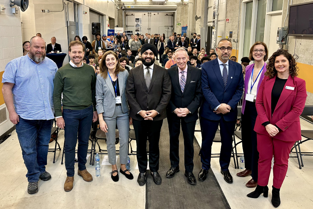 From left: Dr. Scott Nokleby, Associate Dean and Professor, Faculty of Engineering and Applied Science (FEAS), Ontario Tech University; Vincent-Pierre Giroux, Global Learning & Talent Development Director, Alstom; Sarah El Kontar, Director, Canadian Mobility and Aerospace Institute; Hardeep Singh Grewal, Parliamentary Assistant (PA) to the Minister of Transportation; Lorne Coe, MPP Whitby, PA to the Minister of Children, Community and Social Services, and PA to the Minister of Colleges, Universities, Research Excellence, and Security; Dr. Hossam Kishawy, Dean, FEAS, Ontario Tech; Laurence Lebel, Technical Director, Rail, Transit Systems and Telecoms, AtkinsRéalis; and Jennifer Alsop, Director, External Relations and Partnerships, Ontario Tech.