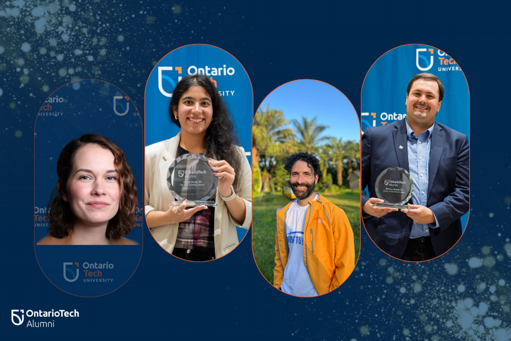 From left: Ontario Tech University 2025 Alumni Association Award recipients Julie Harris, Japnit Ahuja, Dr. Marco De Ciantis, and Michael Riseley.